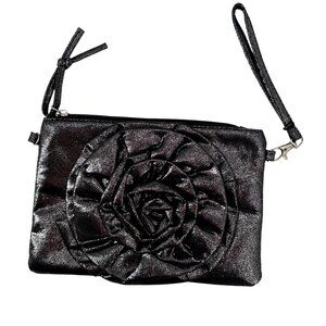 Black Wristlet Clutch With Embossed Rose Design & Zippered Compartments